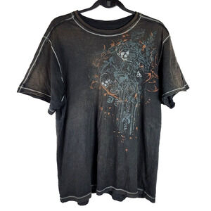 VTG Division E Distress T-Shirt Men’s Black Short Sleeve Neck Cross Skulls Y2K L